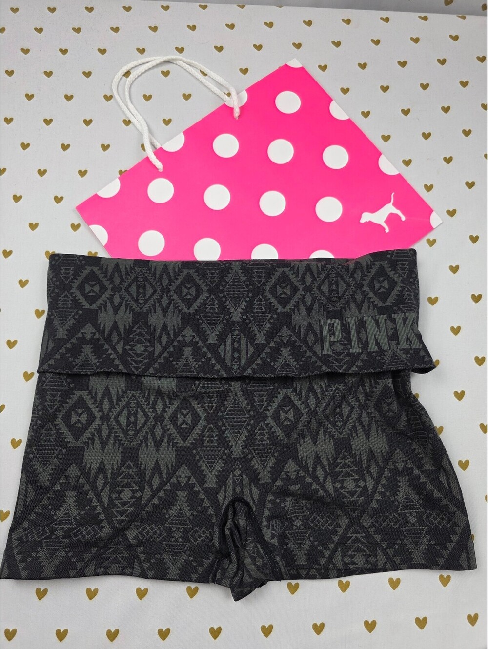 Victoria's Secret PINK Foldover Yoga Shorts Black Gray Aztec Tribal Vintage Med